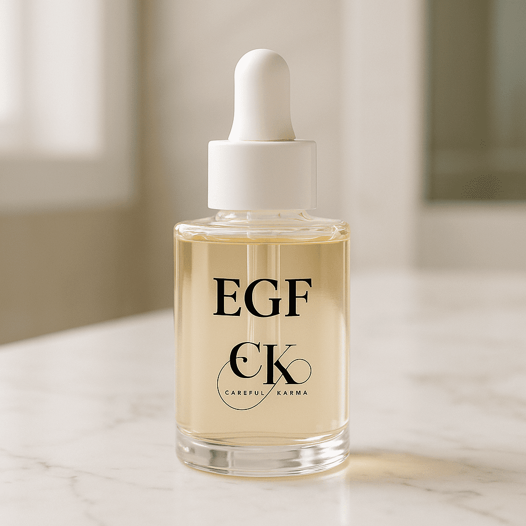 epidermal growth factor in skincare serum bottle on marble counter Careful Karma